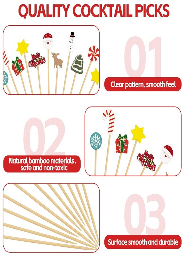 HFBOBP 100pcs Christmas Cocktail Picks, 4.7inch Christmas Tree Snowman Santa Claus Reindeer Candy Snowflake Gift Bamboo Cocktail Toothpicks Fruit Food Appetizer Skewers for Winter Christmas Party Decorations - Image 5
